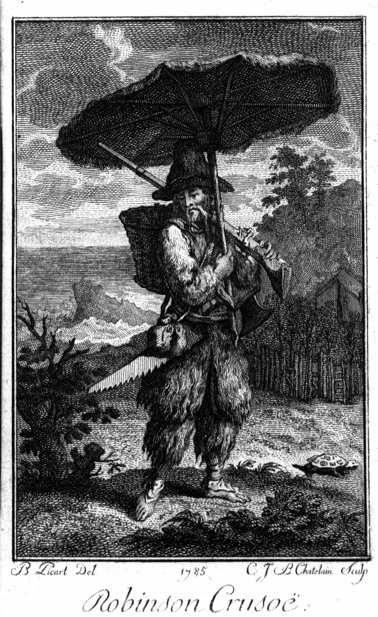 Representasjon av Robinson Crusoe på ørkenen hans. Gravering av Bernard Picart (1673-1733) som illustrerer romanen av Daniel Defoe eller De Foe (1660-1731) av Bernard Picart
