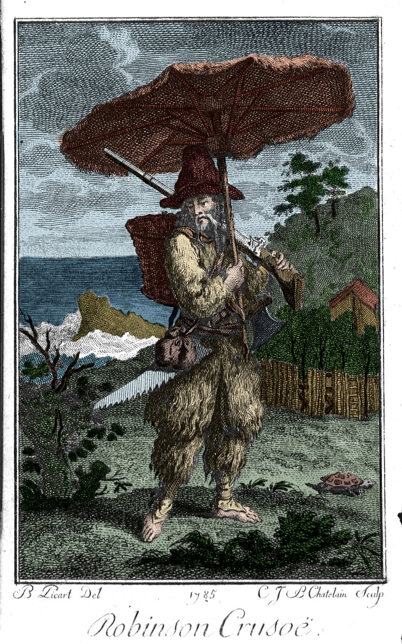 Representasjon av Robinson Crusoe på ørkenen hans. Gravering av Bernard Picart (1673-1733) som illustrerer romanen av Daniel Defoe eller De Foe (1660-1731) av Bernard Picart