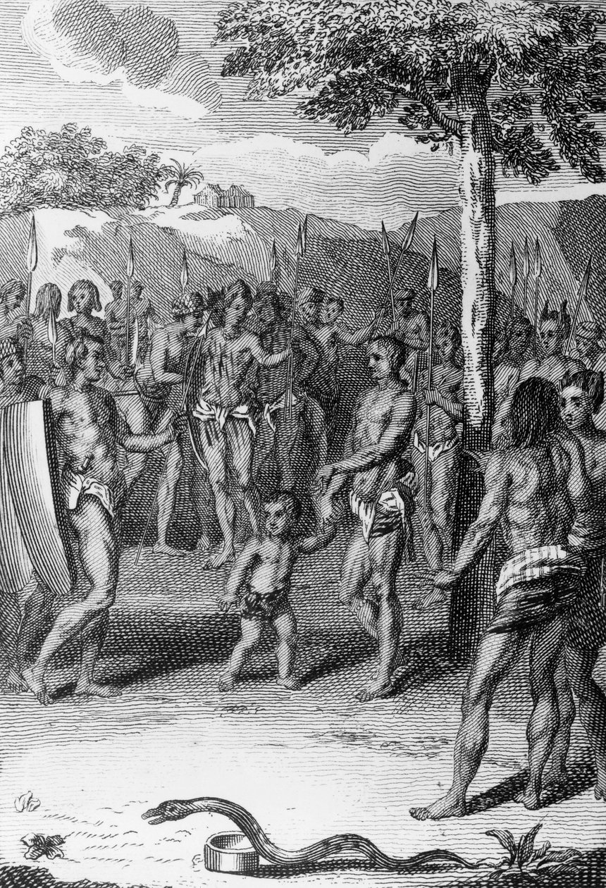 Rituell seremoni, med slange i forgrunnen, Guinea, fra Histoire Generale des Ceremonies, moeurs, et coutumes religiousness de tous les peoples du monde, av Antoine Banier (1673-1741) og Jean Baptiste Le Mascrier (1697-1760) av Bernard Picart