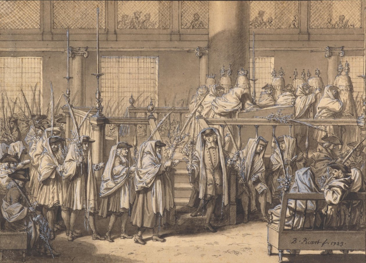 Prosesjon med palmegrener under løvhyttefesten i den portugisiske synagogen i Amsterdam av Bernard Picart