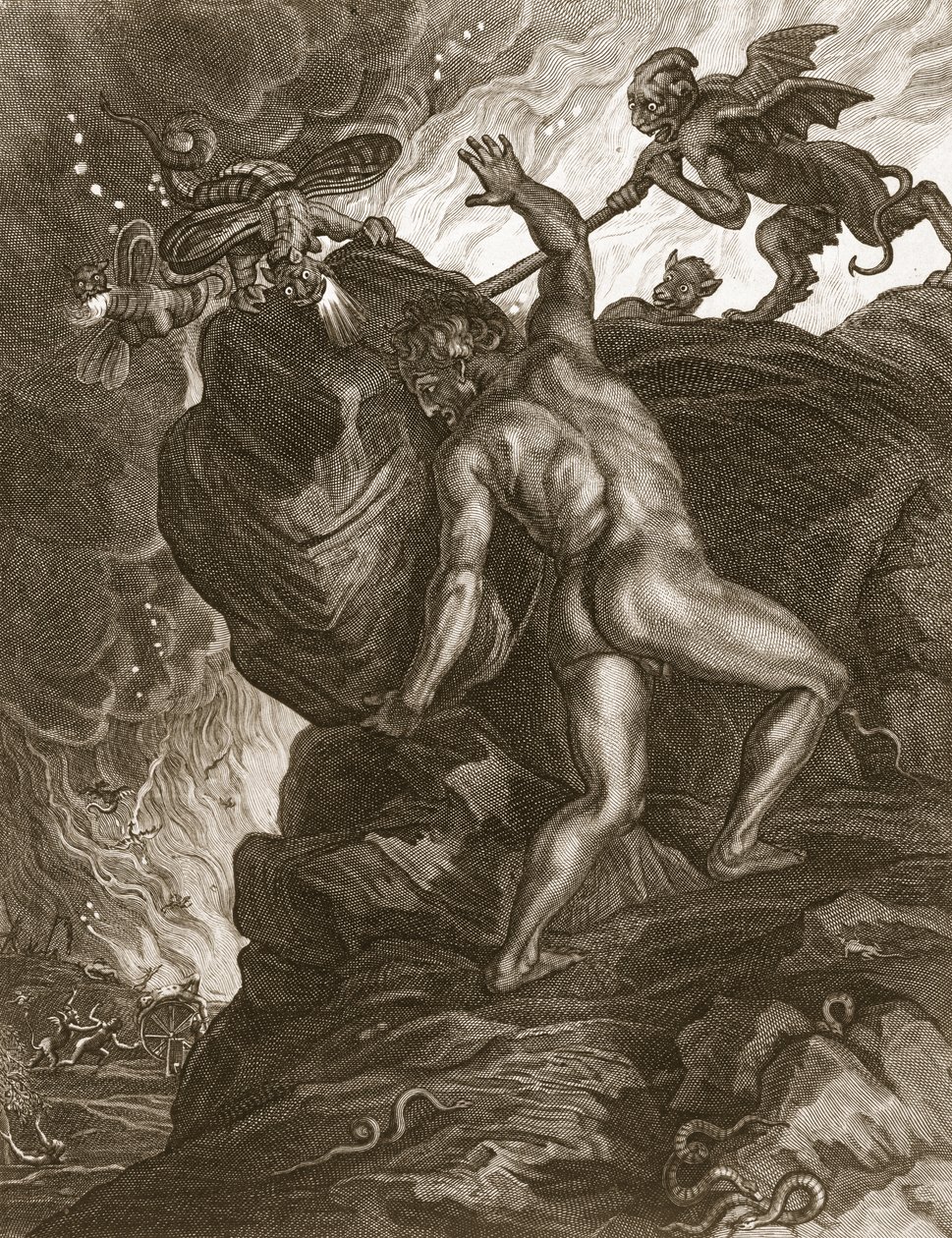 Sisyfos skyver steinen sin opp på et fjell, 1731 av Bernard Picart