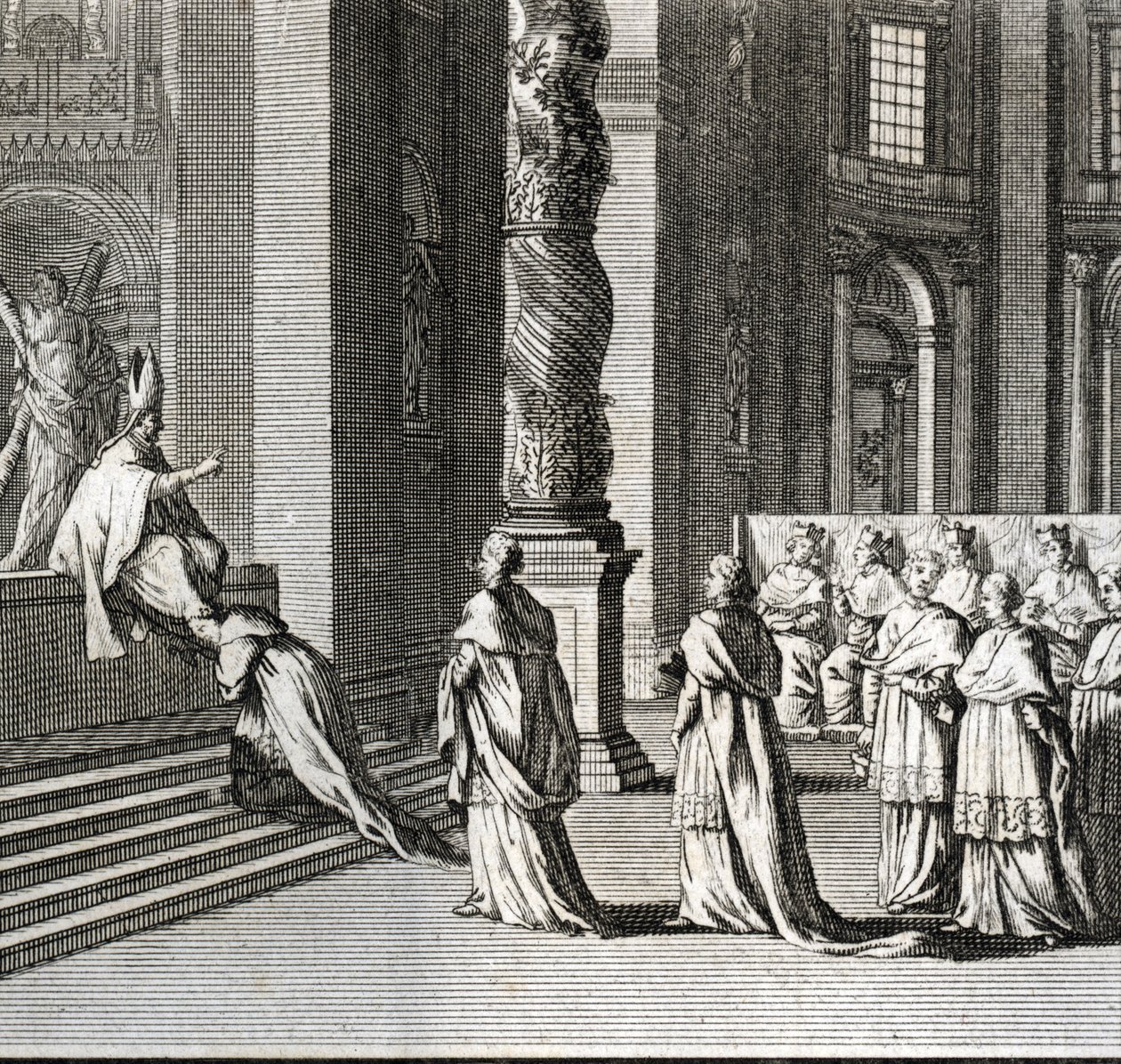 Høytidelig innvielse av paveskapet "" Tilbedelse av paven på St. Peters store alter, Vatikanet"" (pavelig innvielse: Tilbedelse av paven over St. Peters store alter) Gravering fra "" Illustrasjon av religiøse seremonier og skikker av en av Bernard Picart