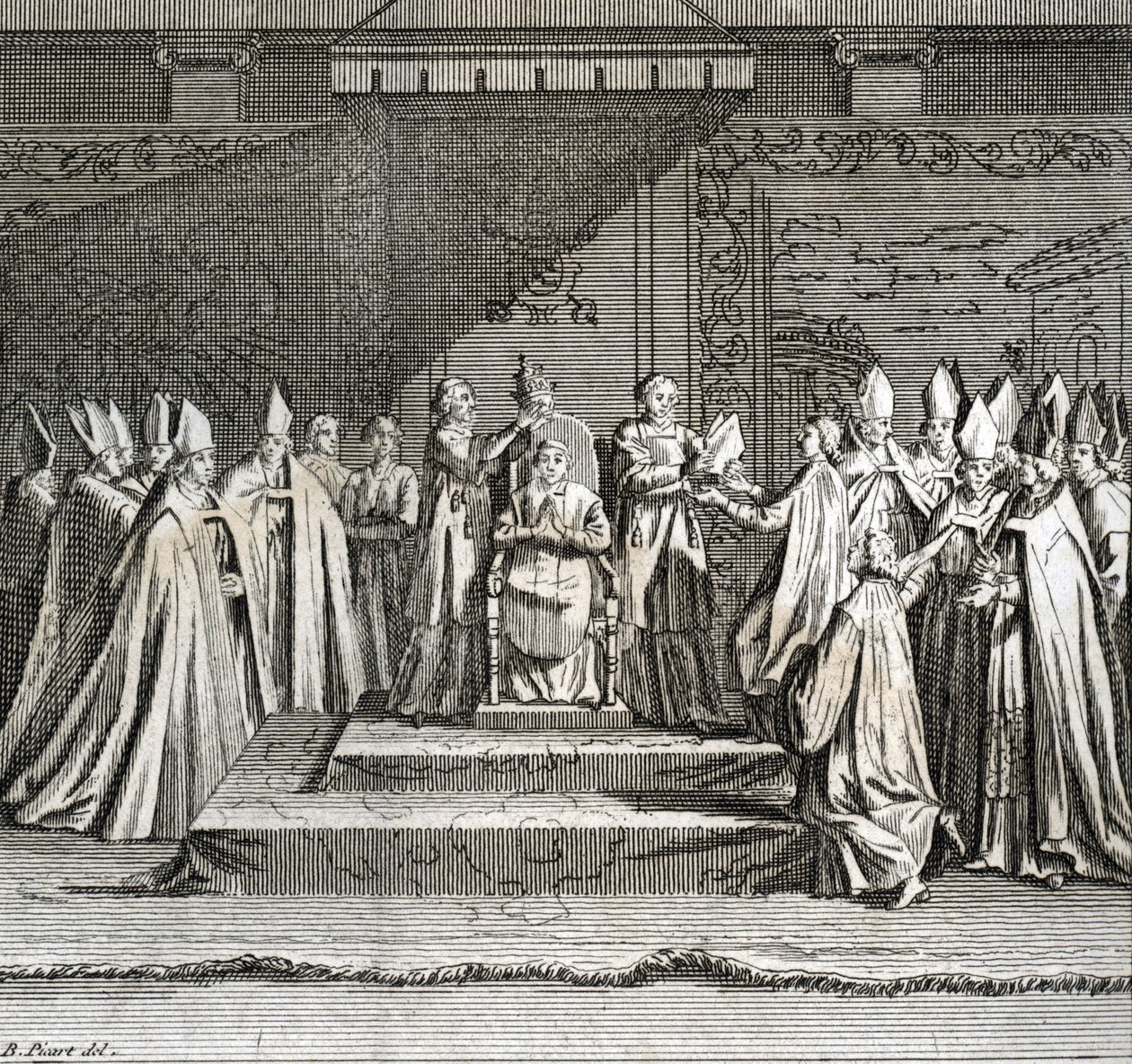 Høytidelig innvielse av pontificatet "" Representation du coronation du pope"" (pavelig innsettelse: kroningen av paven) Gravering fra "" Illustrasjon av seremonier og religiøse skikker til alle verdens folkeslag"" av Bernard Picart (1723-1743) av Bernard Picart