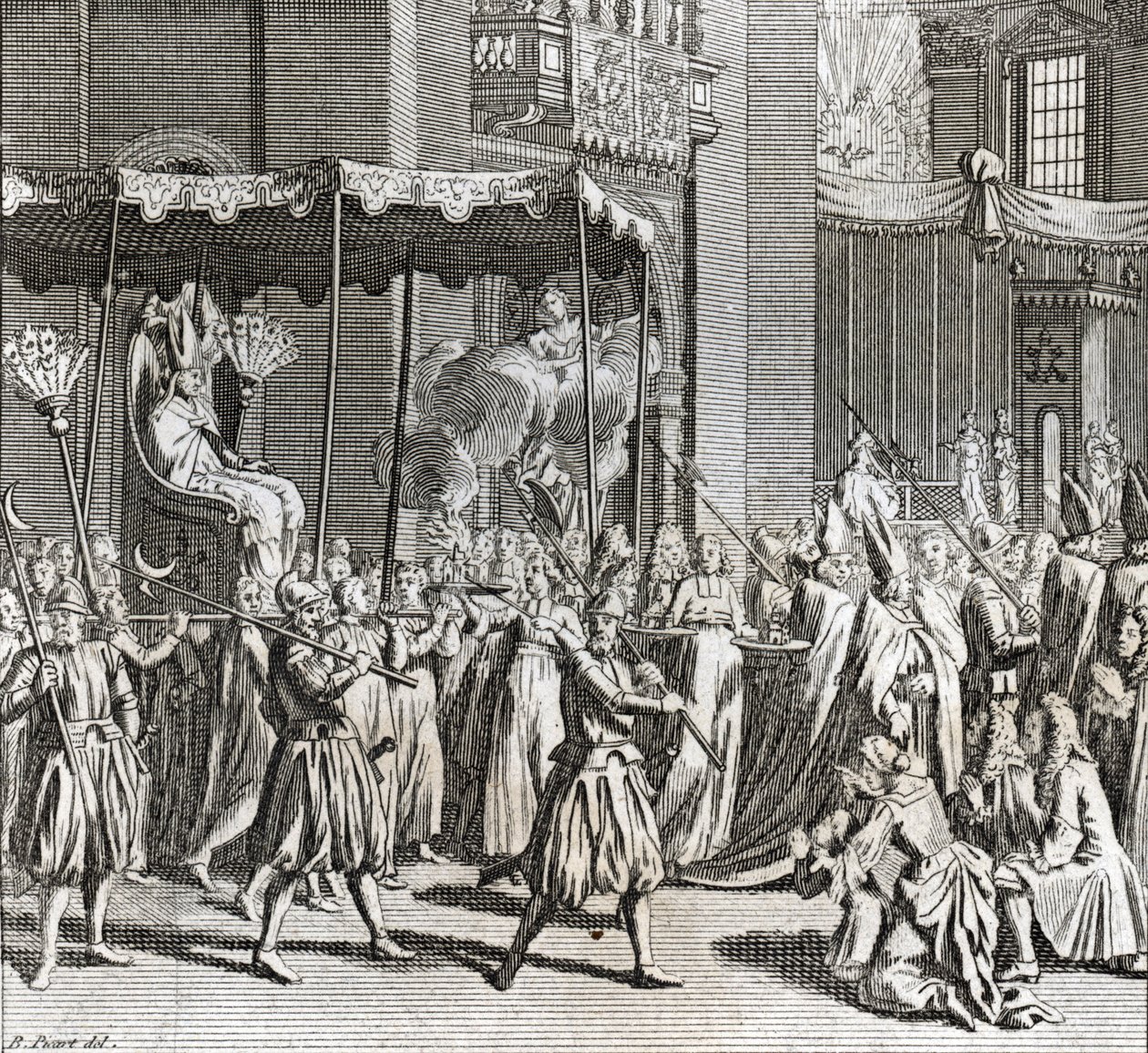 Høytidelig innvielse av pontifikatet: brenning av et tøy) Gravering fra "Illustration de ceremonies et customs religieuses de tous les peuples du monde" av Bernard Picart (1723-1743) 1819 Privat samling av Bernard Picart