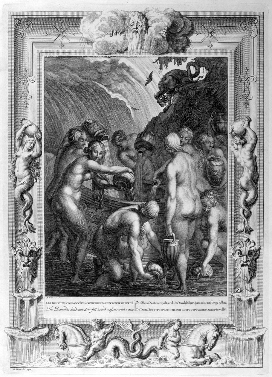 Danaidene dømt til å fylle kjedede fartøyer med vann, 1733 av Bernard Picart