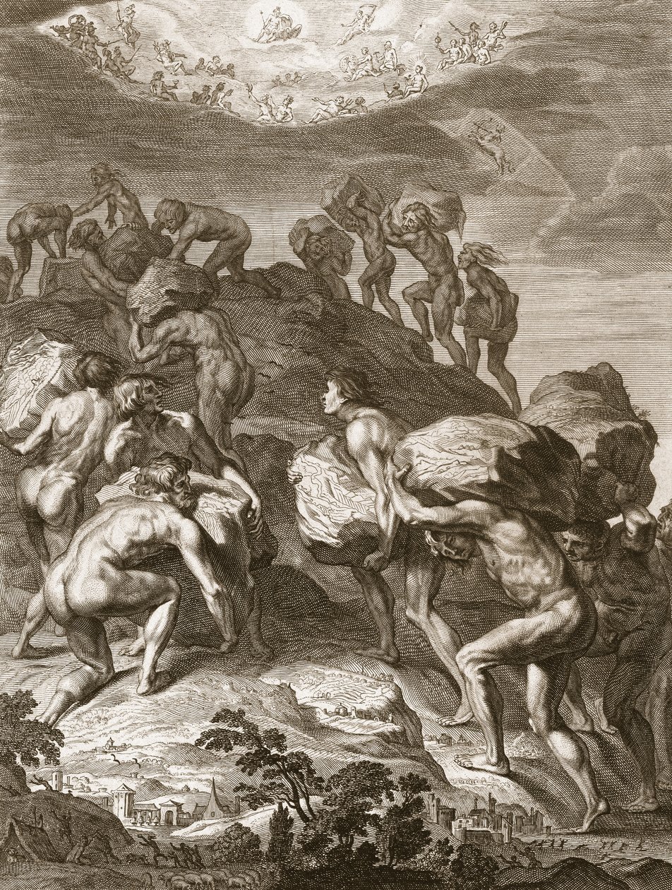 Kjempene forsøker å skalere himmelen ved å pile fjell på en annen, 1731 av Bernard Picart