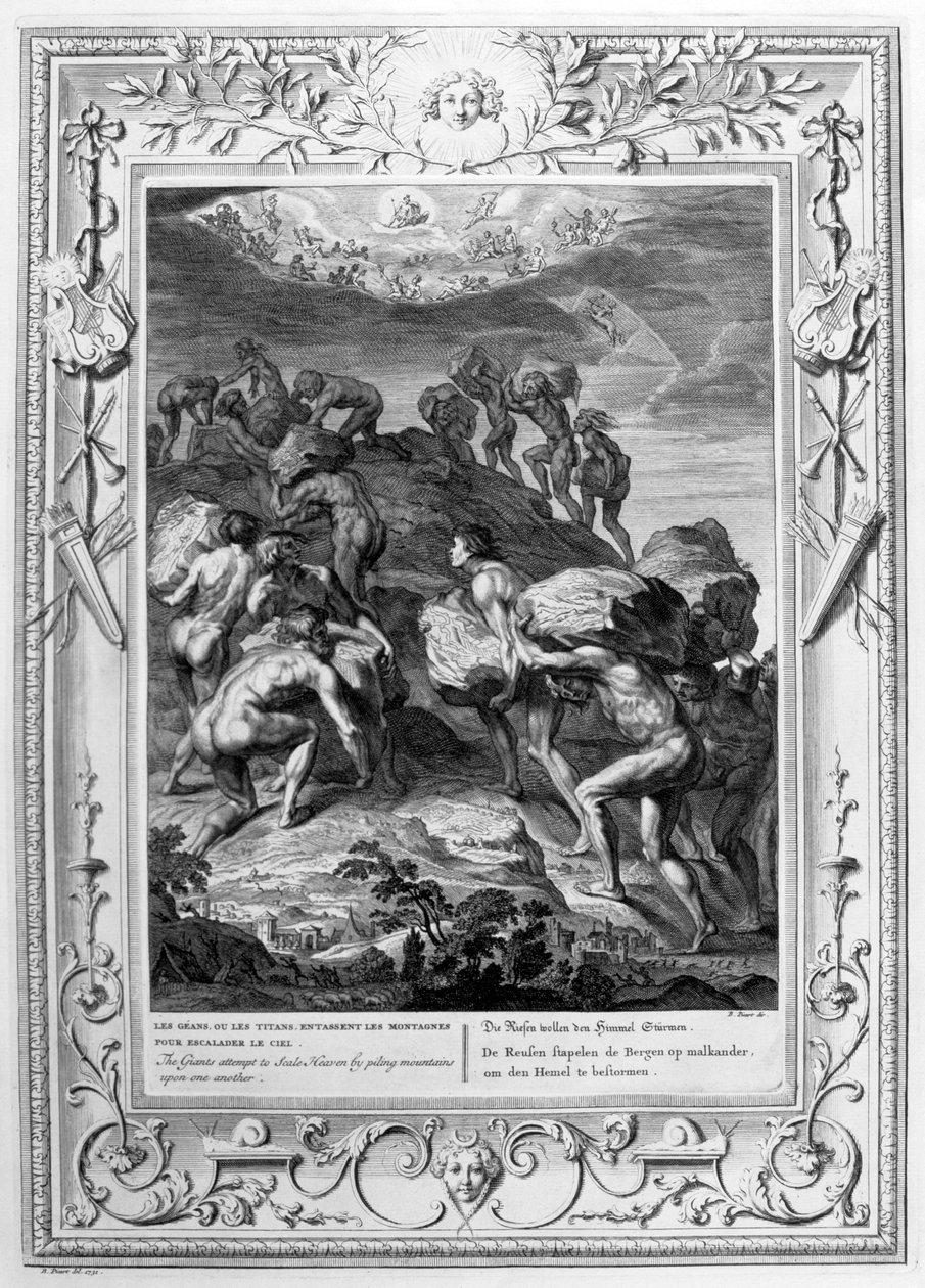 Kjempene forsøker å skalere himmelen ved å stable fjell på hverandre, 1733 av Bernard Picart