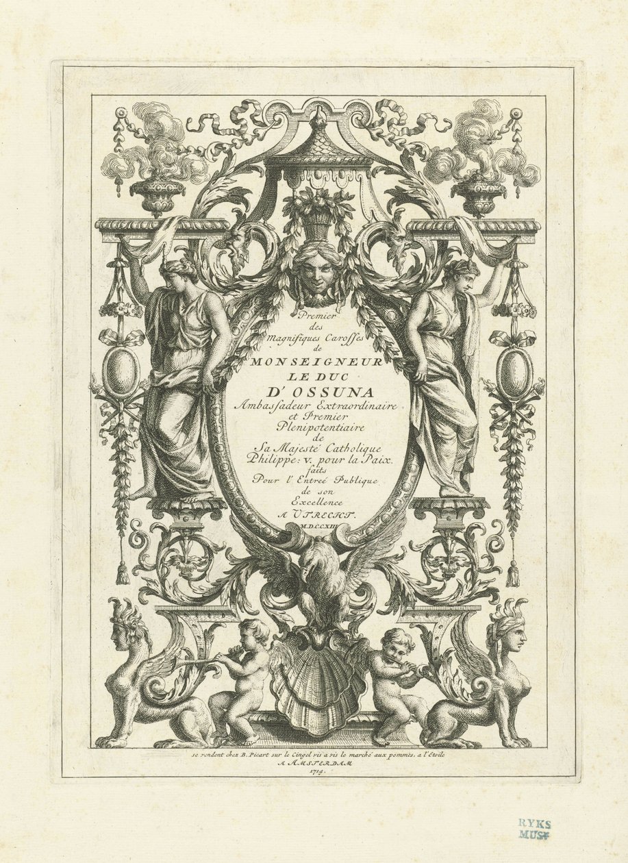 Tittelblad for serien med plater av hertugen av Osunas statsvogn, 1713 av Bernard Picart