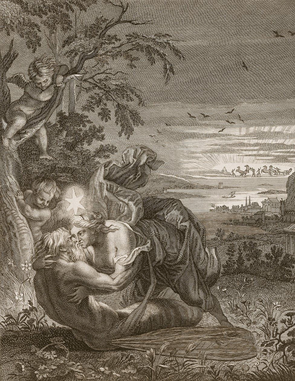 Tithonus, Auroras ektemann, forvandlet til en gresshoppe, 1731 av Bernard Picart