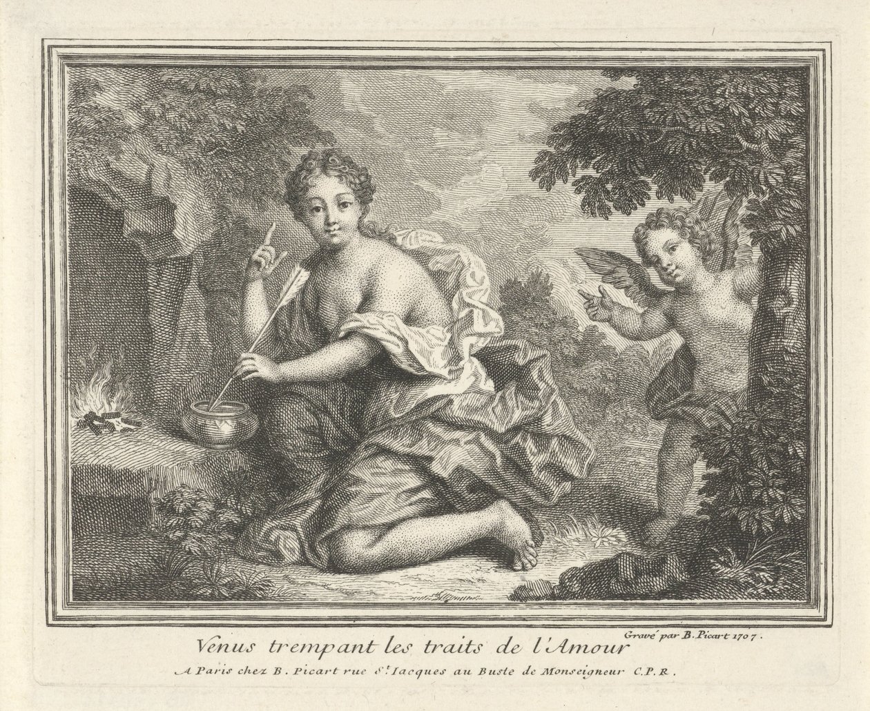 Venus møtt av pijlen van Amor Venus bløtlegger egenskapene til kjærlighet (tittel på objekt) av Bernard Picart