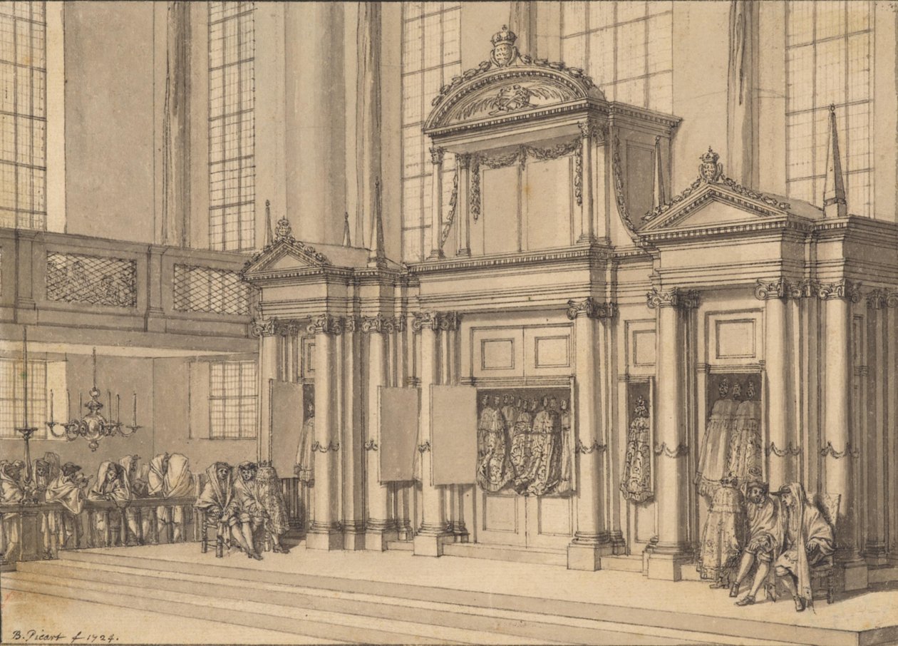 Lovens glede i den portugisiske synagogen i Amsterdam av Bernard Picart