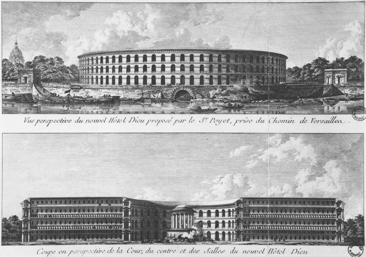 Prosjekt for overføring av et nytt Hotel-Dieu på Ile aux Cygnes, Paris, ca. 1787 (bw-bilde) av Bernard Poyet