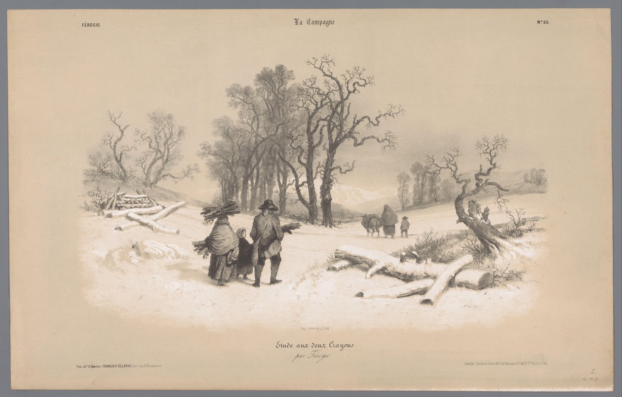 Familien samler ved i snøen Skildringer av livet på landet (serietittel) La kampanjen. Etudes varieés aux deux Crayons (serietittel på objekt) av Bernard Romain Julien