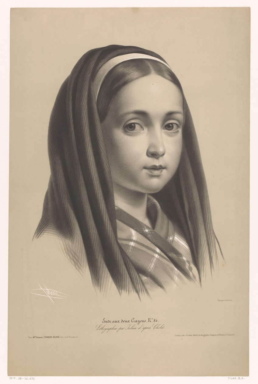 Portrett av jente Studier i to typer kritt (serietittel) Etude aux deux Crayons (serietittel på objekt) av Bernard Romain Julien