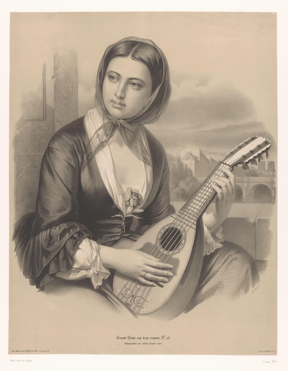 Kvinne som spiller mandolin Store studier i to typer kritt (serietittel) Grande étude aux deux fargestifter (serietittel på objekt) av Bernard Romain Julien