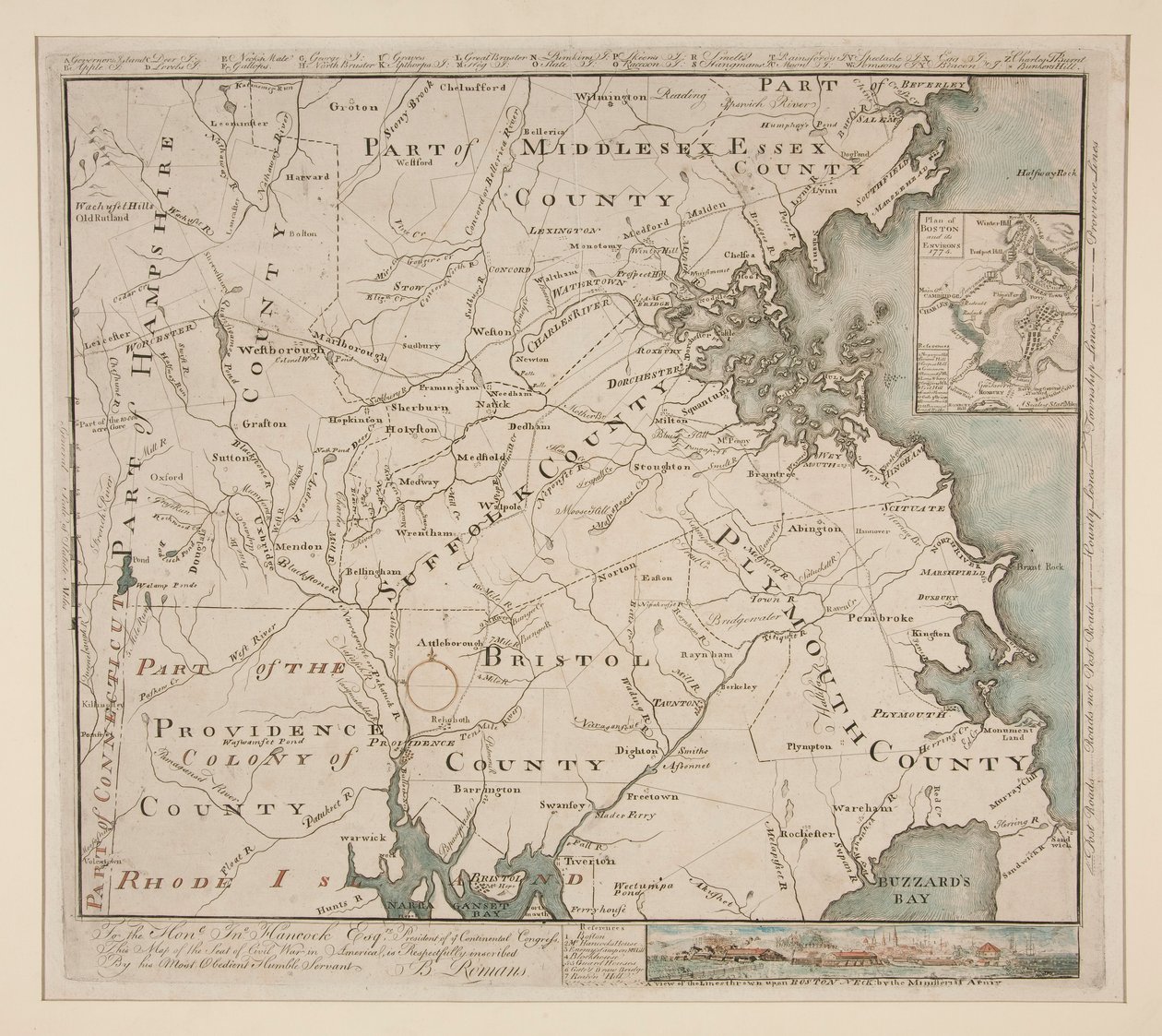 Kart over Boston og omegn, ca. 1775 av Bernard Romans