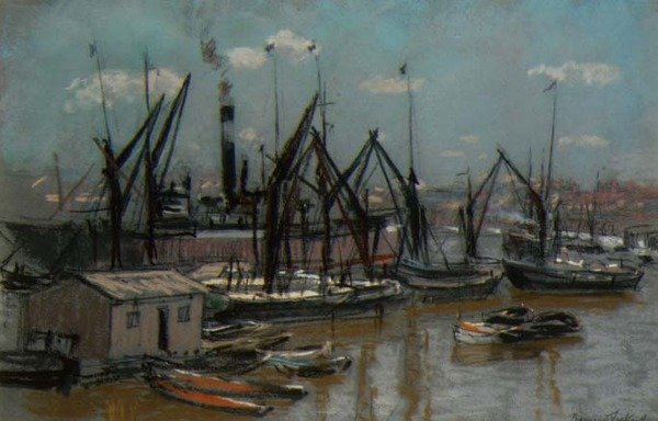 Havnescene (pastell på papir) av Bernard Sickert