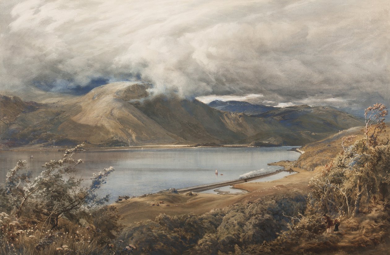 Nord-Wales, muligens en strekning av Ffestiniog-jernbanen (wc på papir) av Bernard Walter Evans