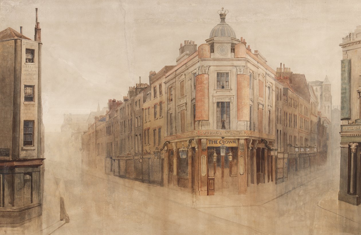 The Crown, hjørnet av Great White Lion Street, nå Mercer Street, og Monmouth Street, Seven Dials, London (wc på papir) av Bernard Walter Evans