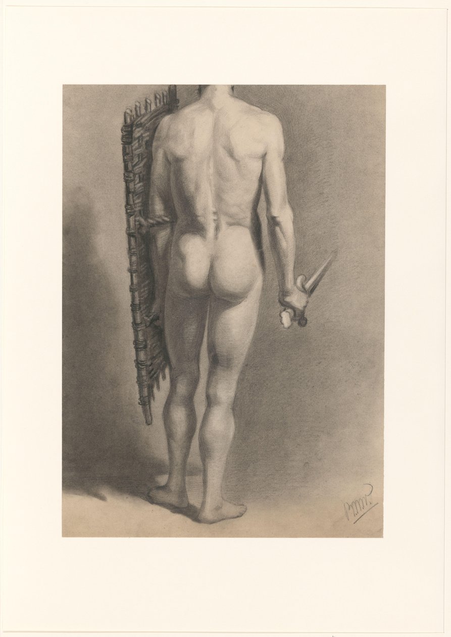 Naken mann med sverd og skjold, sett bakfra av Bernard Willem Wierink (signed by artist)