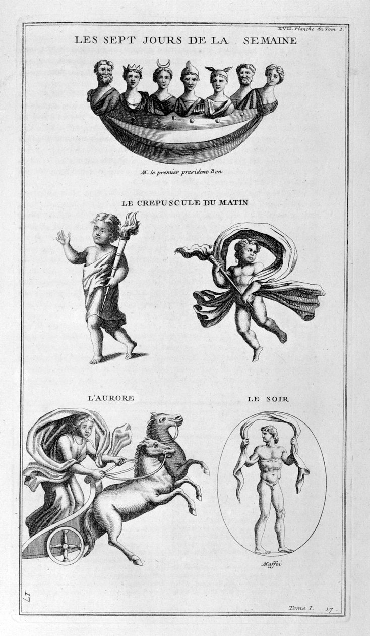 Sju dager i uken. Skumring, morgen, daggry, kvelden, 1757 av Bernard de Montfaucon