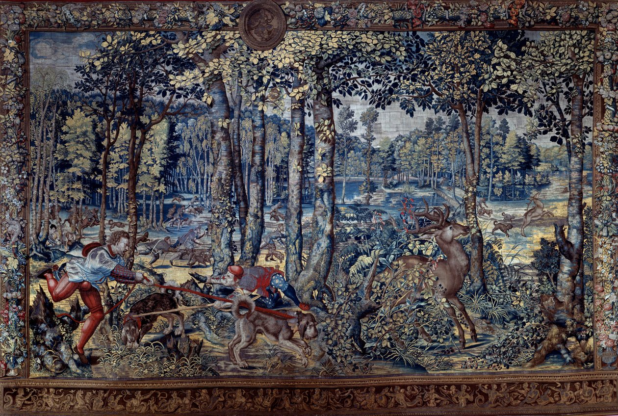 Hanging of the Hunts of Maximilian kjent som “" Beautiful Hunts of Guise ”: August, The Virgin, The Deer Hunt, The Hatcheries - Tapestry av Bernard Van Orley (Barend, Barent, Bernaert Van Brussel av Bernard van (after) Orley