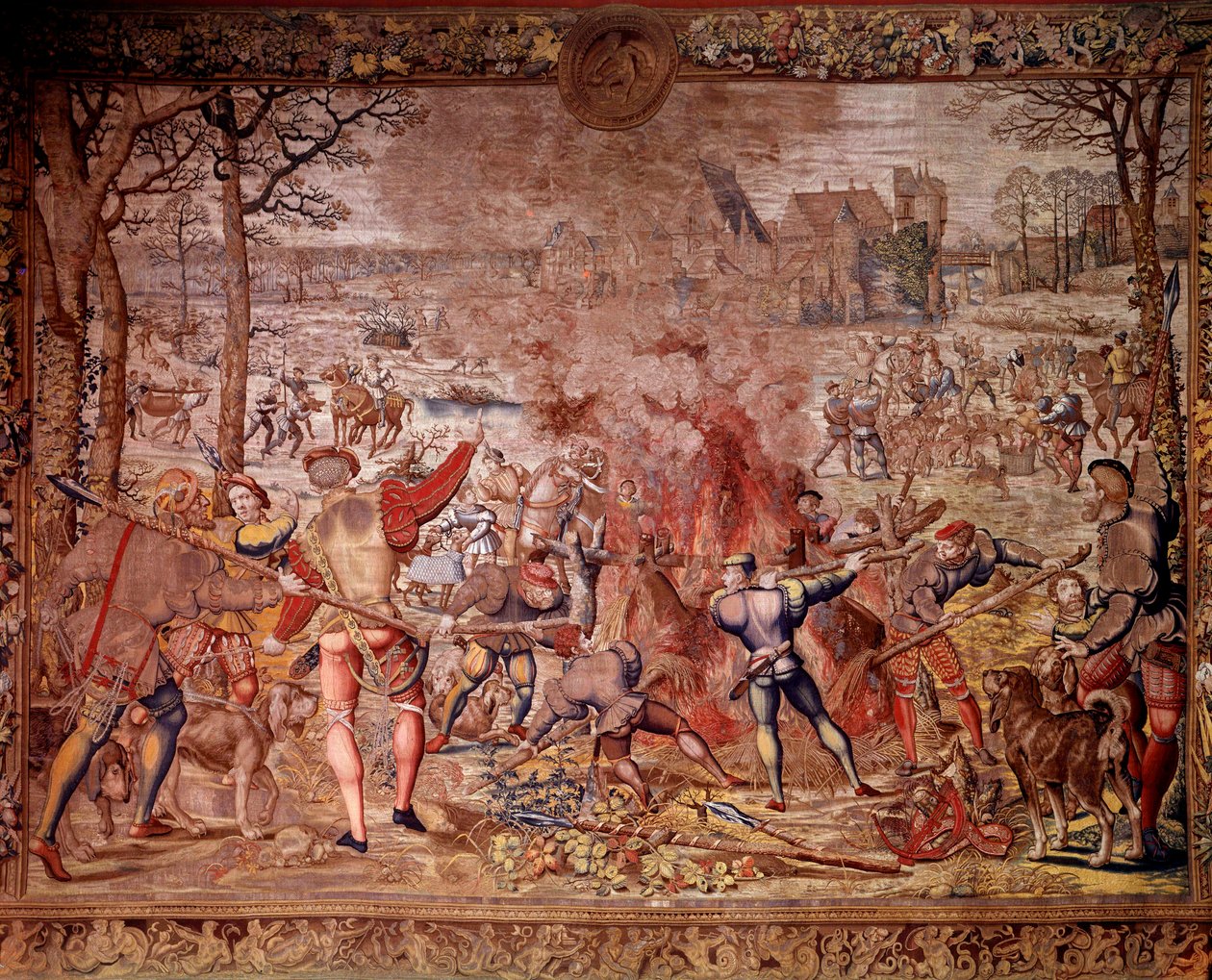 Jaktene til Maximilien kalt "Beautiful hunts of Guise": januar måned, Aquarius, villsvinjakt, flambee, kure - Tapet laget i de flamske verkstedene av Bernard van Orley (Barend, Barent, Bernaert van Brussel av Bernard van (after) Orley