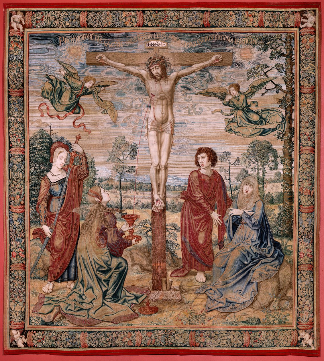 flamsk billedvev. Serien Dais of Charles V (Baldachin of Margaret of Austria). Barmhjertighetens Kristus (Cristo de la Misericordia). Tapetpanel bak pallen. Modell Bernard van Orley (1491-1542). Produksjon Pieter de Pannemaker, Brussel. 1518-1524. Stoff G av Bernard van Orley
