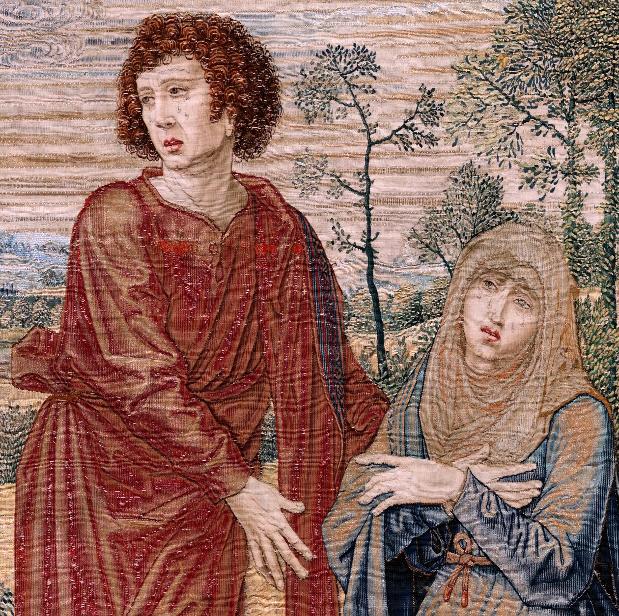 flamsk billedvev. Serien Dais of Charles V (Baldachin of Margaret of Austria). Barmhjertighetens Kristus (Cristo de la Misericordia). Tapetpanel bak pallen. Modell Bernard van Orley (1491-1542). Produksjon Pieter de Pannemaker, Brussel. 1518-1524. Stoff G av Bernard van Orley