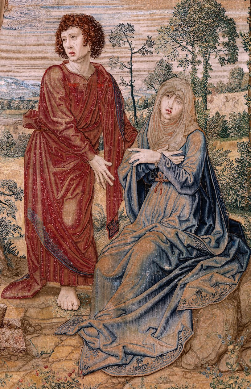 flamsk billedvev. Serien Dais of Charles V (Baldachin of Margaret of Austria). Barmhjertighetens Kristus (Cristo de la Misericordia). Tapetpanel bak pallen. Modell Bernard van Orley (1491-1542). Produksjon Pieter de Pannemaker, Brussel. 1518-1524. Stoff G av Bernard van Orley