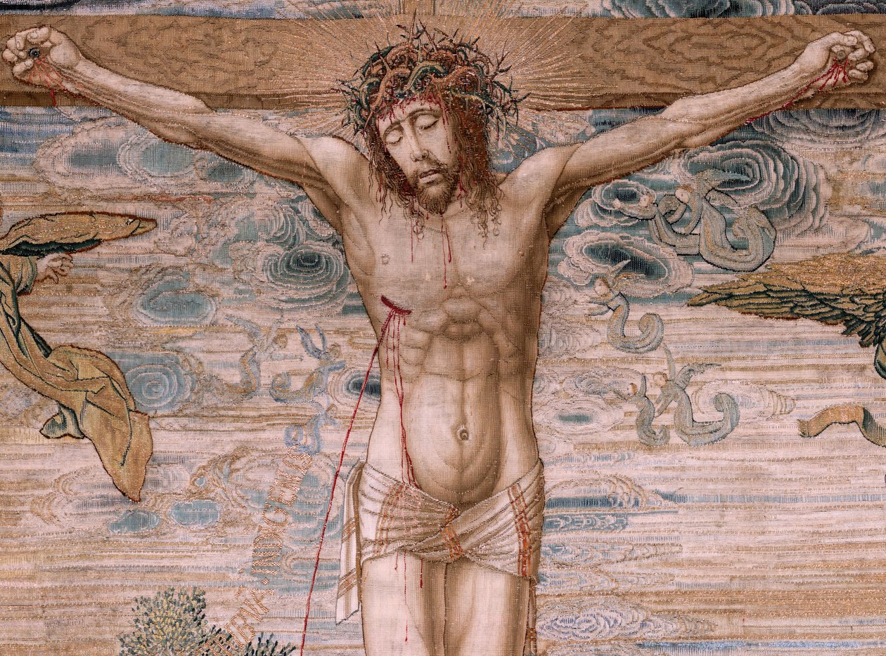flamsk billedvev. Serien Dais of Charles V (Baldachin of Margaret of Austria). Barmhjertighetens Kristus (Cristo de la Misericordia). Tapetpanel bak pallen. Modell Bernard van Orley (1491-1542). Produksjon Pieter de Pannemaker, Brussel. 1518-1524. Stoff G av Bernard van Orley