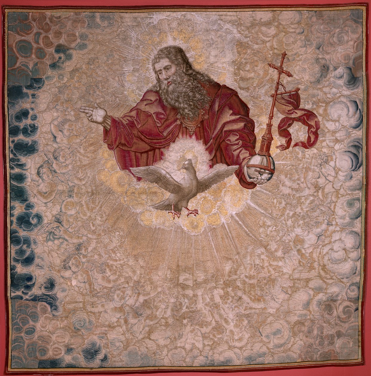 flamsk billedvev. Serien Dais of Charles V (Baldachin of Margaret of Austria). Gud Faderen og Den Hellige Ånd (El Padre Eterno y el Espíritu Santo). Billedteppe baldakin av podiet. Modell Bernard van Orley (1491-1542). Produksjon Pieter de Pannemaker, av Bernard van Orley