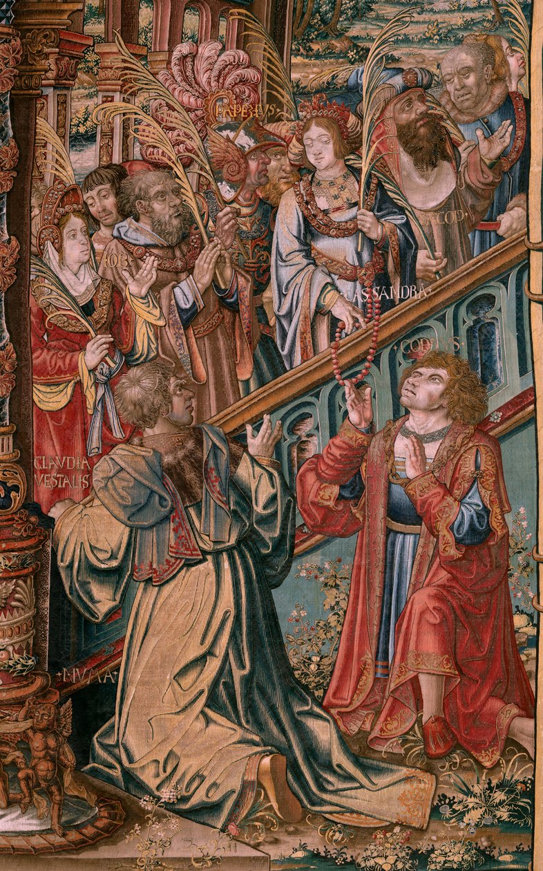 flamsk billedvev. Serien The Honours. Tro (La Fe). Første billedvev i serien. Modelltegnere fra kretsen til Bernard van Orley og Jan Gossaert (Mabuse). Produksjon Pieter van Aelst, Brussel. Ca 1550. Stoff Gull, sølv, silke og ull. av Bernard van Orley