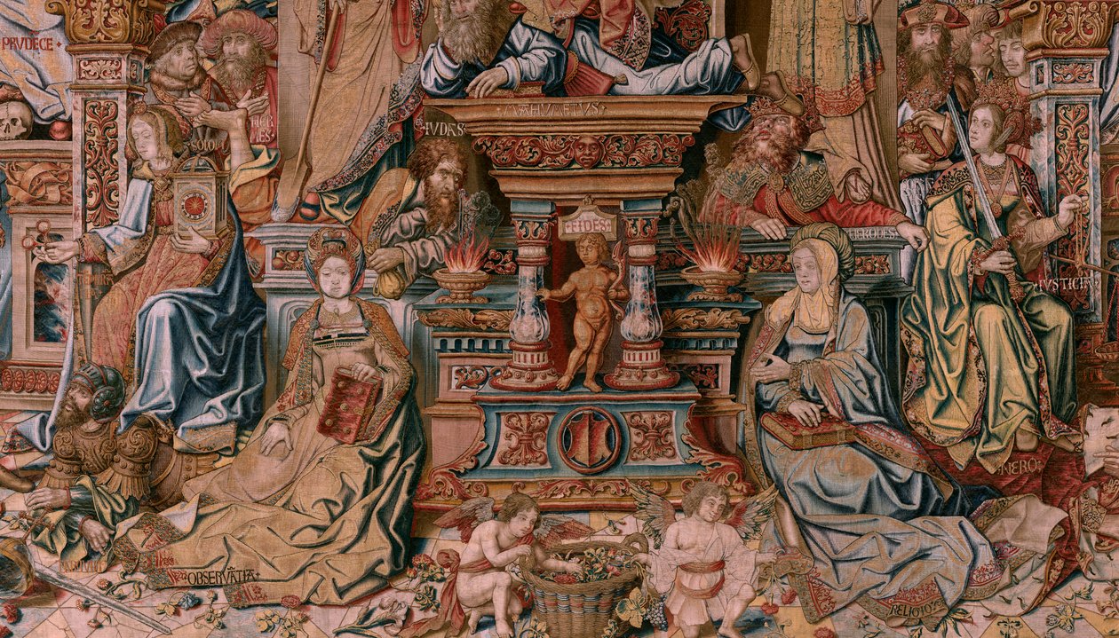 flamsk billedvev. Serien The Honours. Tro (La Fe). Første billedvev i serien. Modelltegnere fra kretsen til Bernard van Orley og Jan Gossaert (Mabuse). Produksjon Pieter van Aelst, Brussel. Ca 1550. Stoff Gull, sølv, silke og ull. av Bernard van Orley