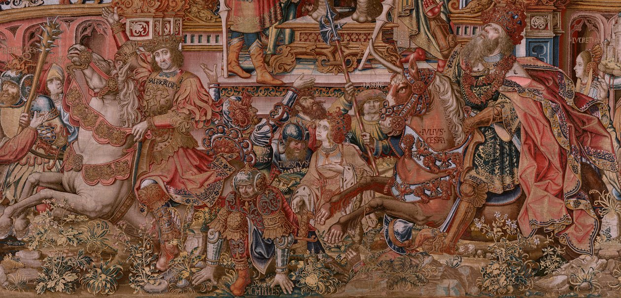 flamsk billedvev. Serien The Honours. Berømmelse (La Fama). Tredje billedvev i serien. Modelltegnere fra kretsen til Bernard van Orley og Jan Gossaert (Mabuse). Produksjon Pieter van Aelst, Brussel. Ca 1550. Stoff Gull, sølv, silke og ull. av Bernard van Orley