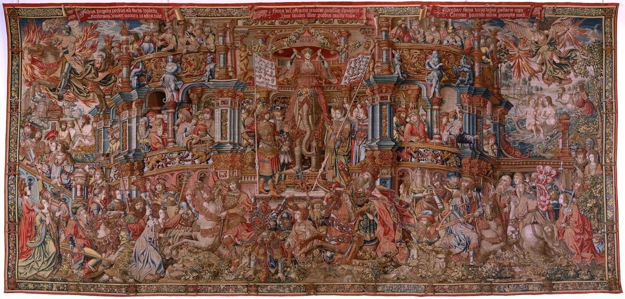flamsk billedvev. Serien The Honours. Berømmelse (La Fama). Tredje billedvev i serien. Modelltegnere fra kretsen til Bernard van Orley og Jan Gossaert (Mabuse). Produksjon Pieter van Aelst, Brussel. Ca 1550. Stoff Gull, sølv, silke og ull. av Bernard van Orley
