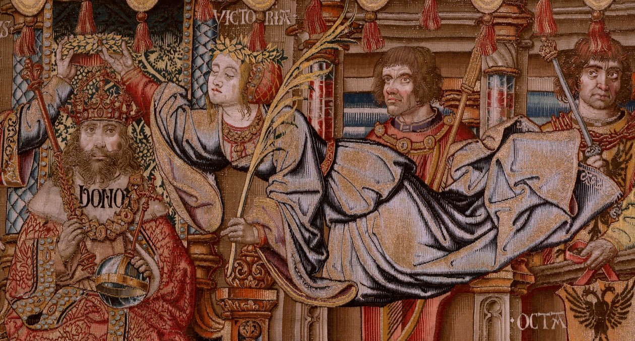 flamsk billedvev. Serien The Honours. Ære (El Honor). Andre billedvev i serien. Modelltegnere fra kretsen til Bernard van Orley og Jan Gossaert (Mabuse). Produksjon Pieter van Aelst, Brussel. Ca 1550. Stoff Gull, sølv, silke og ull. av Bernard van Orley