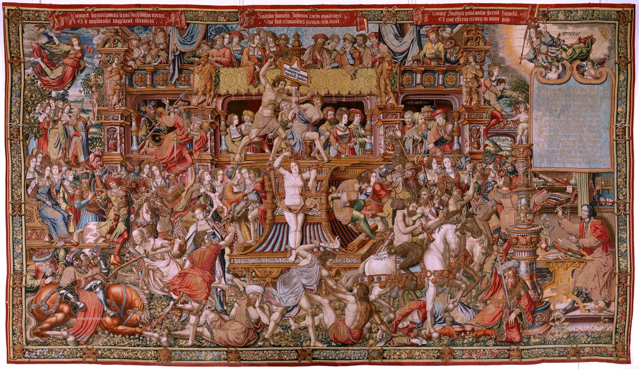 flamsk billedvev. Serien The Honours. Infamy (La Infamia). Sjette billedvev i serien. Modelltegnere fra kretsen til Bernard van Orley og Jan Gossaert (Mabuse). Produksjon Pieter van Aelst, Brussel. Ca 1550. Stoff Gull, sølv, silke og ull. av Bernard van Orley