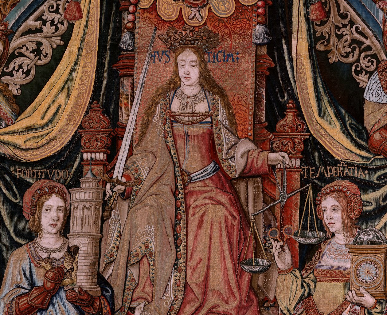 flamsk billedvev. Serien The Honours. Rettferdighet (La Justicia, Los Honores). Niende billedvev i serien. Modelltegnere fra kretsen til Bernard van Orley og Jan Gossaert (Mabuse). Produksjon Pieter van Aelst, Brussel. Ca 1550. Stoff Gull, sølv, av Bernard van Orley