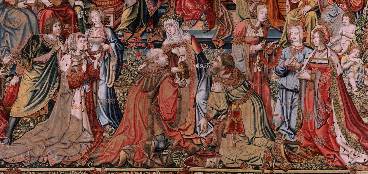 flamsk billedvev. Serien The Honours. Rettferdighet (La Justicia, Los Honores). Niende billedvev i serien. Modelltegnere fra kretsen til Bernard van Orley og Jan Gossaert (Mabuse). Produksjon Pieter van Aelst, Brussel. Ca 1550. Stoff Gull, sølv, av Bernard van Orley