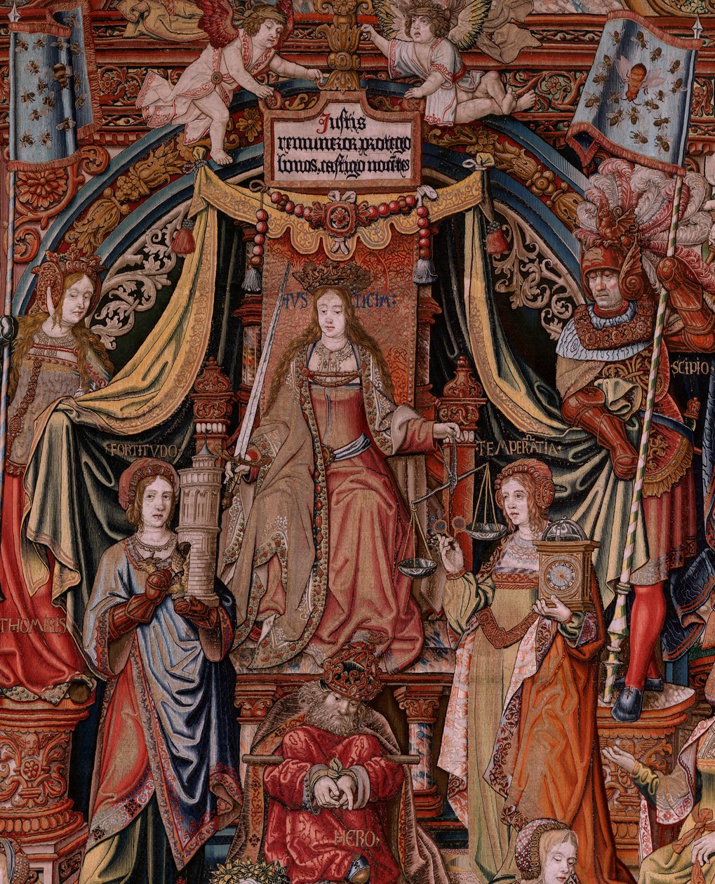 flamsk billedvev. Serien The Honours. Rettferdighet (La Justicia, Los Honores). Niende billedvev i serien. Modelltegnere fra kretsen til Bernard van Orley og Jan Gossaert (Mabuse). Produksjon Pieter van Aelst, Brussel. Ca 1550. Stoff Gull, sølv, av Bernard van Orley