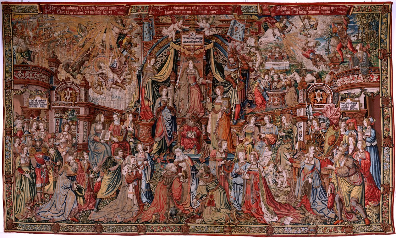 flamsk billedvev. Serien The Honours. Rettferdighet (La Justicia, Los Honores). Niende billedvev i serien. Modelltegnere fra kretsen til Bernard van Orley og Jan Gossaert (Mabuse). Produksjon Pieter van Aelst, Brussel. Ca 1550. Stoff Gull, sølv, av Bernard van Orley