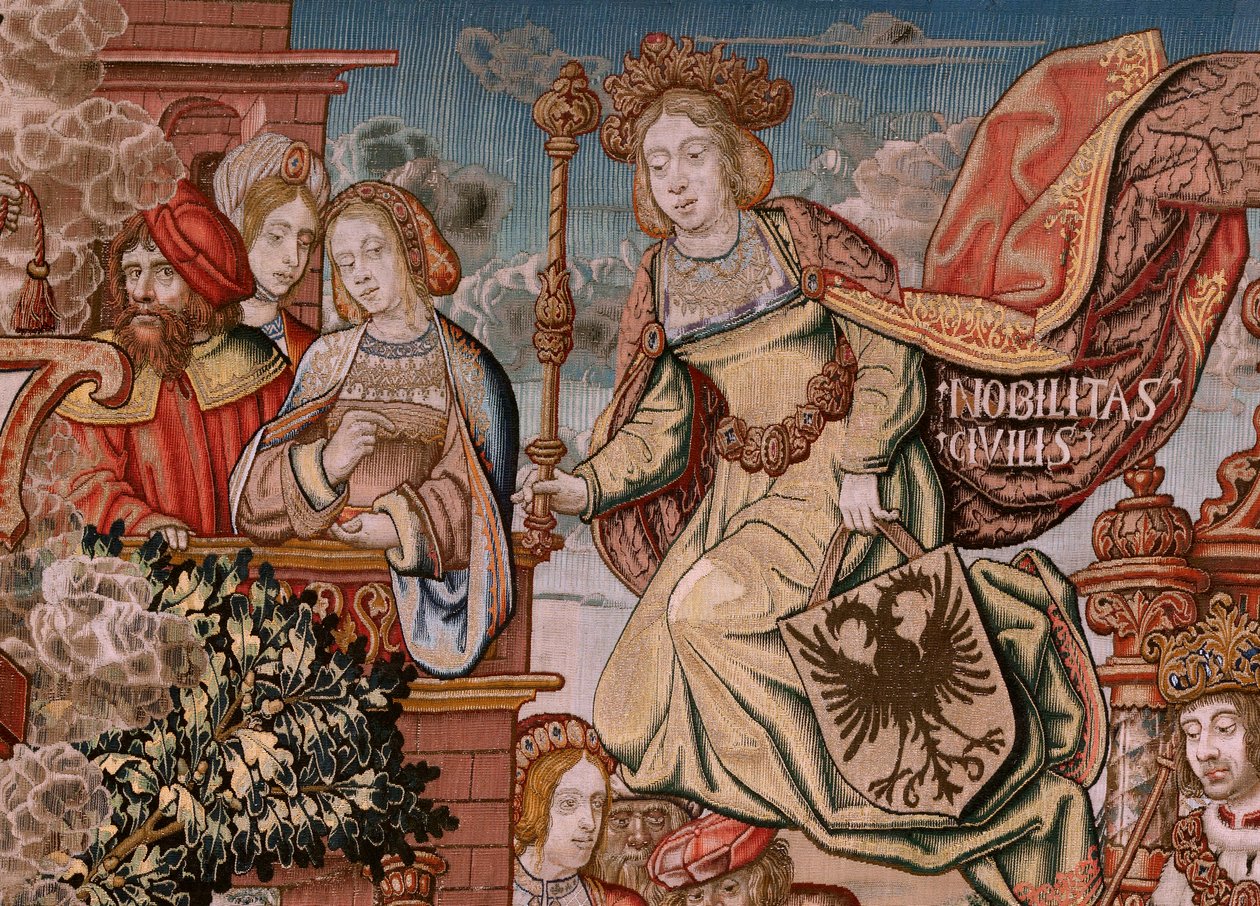 flamsk billedvev. Serien The Honours; Adel (La Nobleza). Fjerde billedvev i serien. Modelltegnere fra kretsen til Bernard van Orley og Jan Gossaert (Mabuse). Produksjon Pieter van Aelst, Brussel. Ca 1550. Stoff Gull, sølv, silke og woo av Bernard van Orley