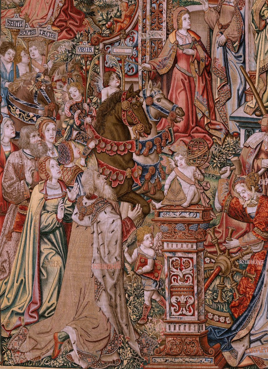 flamsk billedvev. Serien The Honours; Prudence (La Prudencia). Syvende billedvev i serien. Modelltegnere fra kretsen til Bernard van Orley og Jan Gossaert (Mabuse). Produksjon Pieter van Aelst, Brussel. Ca 1550. Stoff Gull, sølv, silke og w av Bernard van Orley