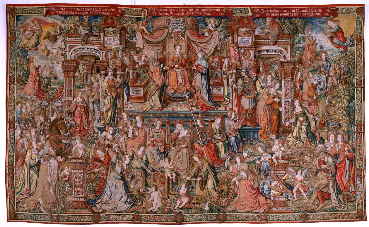 flamsk billedvev. Serien The Honours; Prudence (La Prudencia). Syvende billedvev i serien. Modelltegnere fra kretsen til Bernard van Orley og Jan Gossaert (Mabuse). Produksjon Pieter van Aelst, Brussel. Ca 1550. Stoff Gull, sølv, silke og w av Bernard van Orley