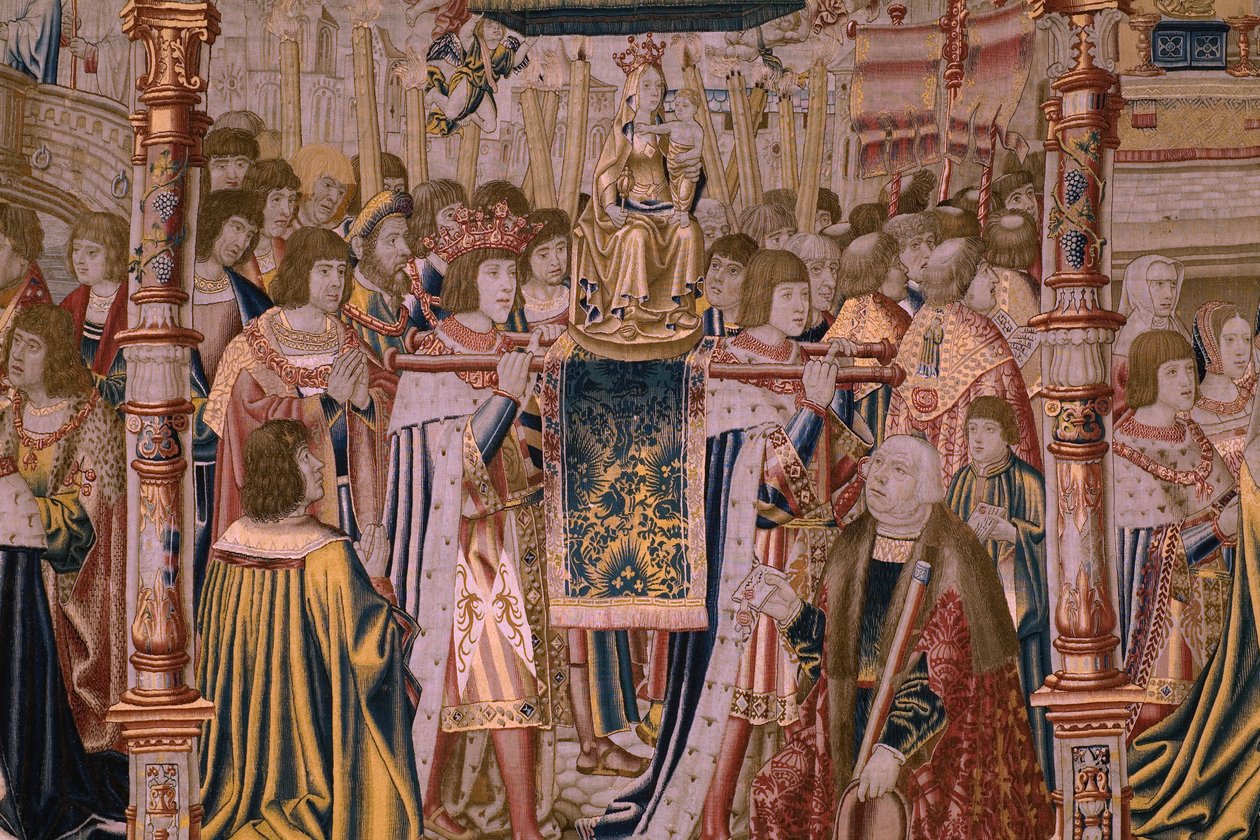 flamsk billedvev. Serie The Legend of the Madonna of the Sablon (The Legend of Our Lady of the Sablon). Ankomsten av statuen av Madonna. Produksjon av Brussel. Tegneserieskaper Barend van Orley av Bernard van Orley