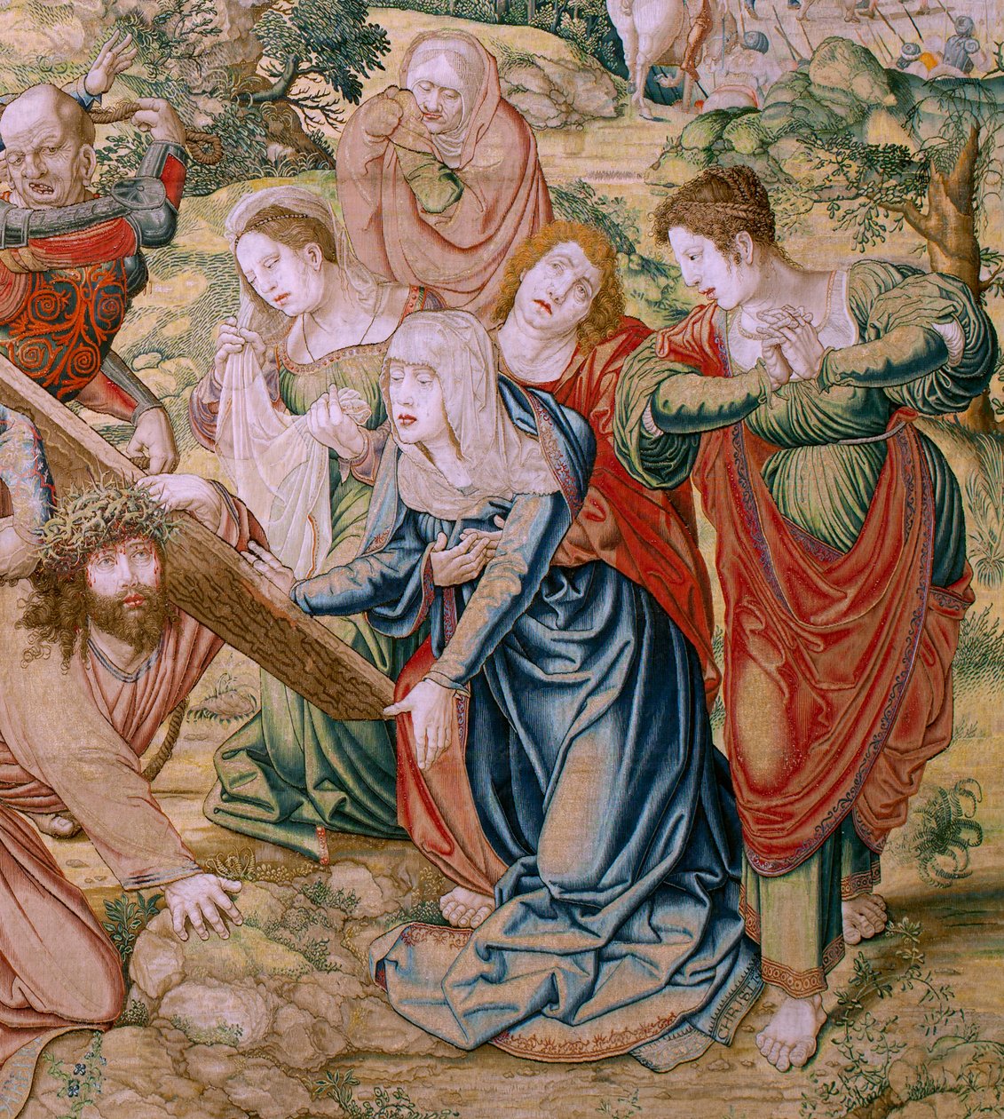 flamsk billedvev. Serien The Passion of Christ. Fall på vei til Golgata (Caída en el camino del Calvario). Andre billedvev i serien. Modeller Tegner Bernard van Orley. Produksjon Pieter de Pannemaker, Brussel. Ca 1518-1523. Stoff gull, sølv, av Bernard van Orley