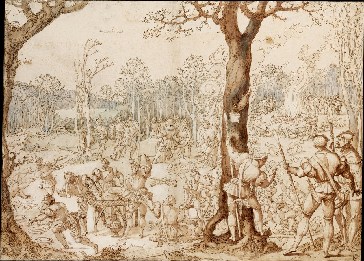 Sharing Out the Game (bankettscene i skogen, under en dag med jakt) - Verk av Bernaert van Orley (1488-1541) (Barend, Barent, Bernard van Brussel), blekk på papir (37 ,6x57,7) av Bernard van Orley