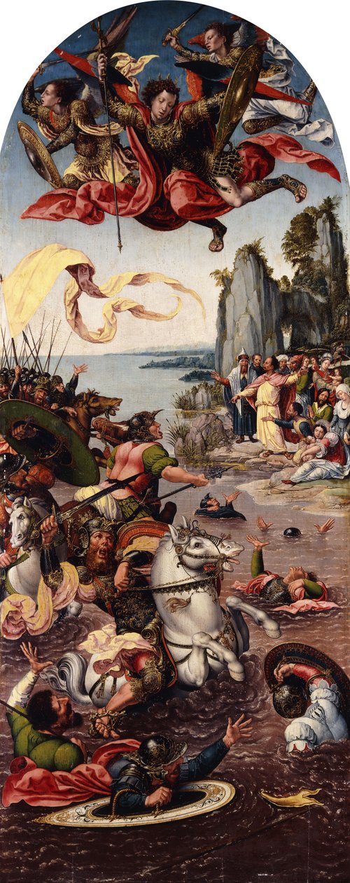 Moses deler Rødehavet i nærvær av den hellige Mikael, av Bernard van Orley
