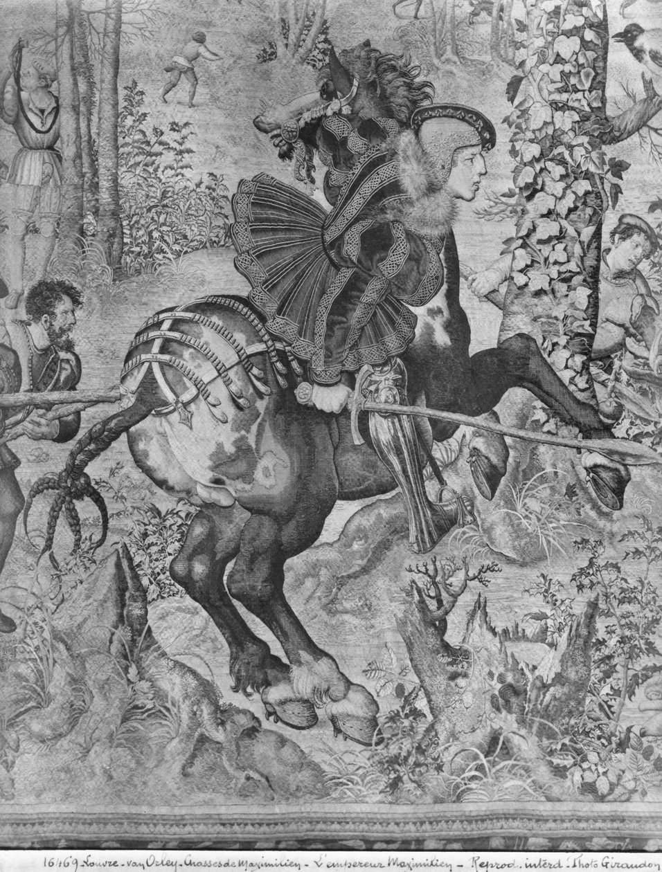 The Hunts of Maximilian, Steinbukken, The Boar Hunt, detalj av Maximilian I 1459-1519 Gobelins Factory se også 138999 billedvev bw foto av Bernard van Orley